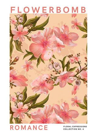 Poster with pink flowers and green leaves on a beige background, labeled "Flowerbomb Romance."