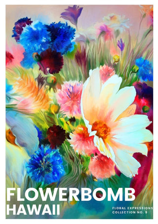 Colorful bouquet of flowers with bold petals, featured on the Flowerbomb - Hawaii kunstposter product page.