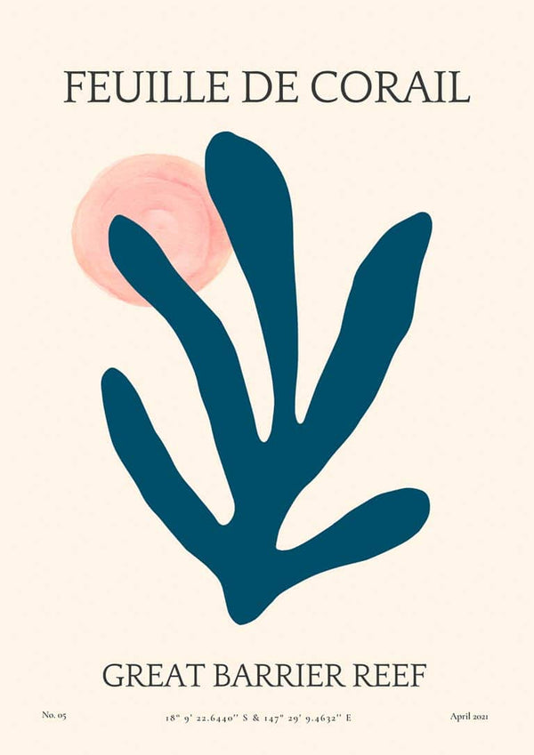 Minimalist coral leaf design with a pink sun, labeled "Feuille De Corail" for living room wall decor.