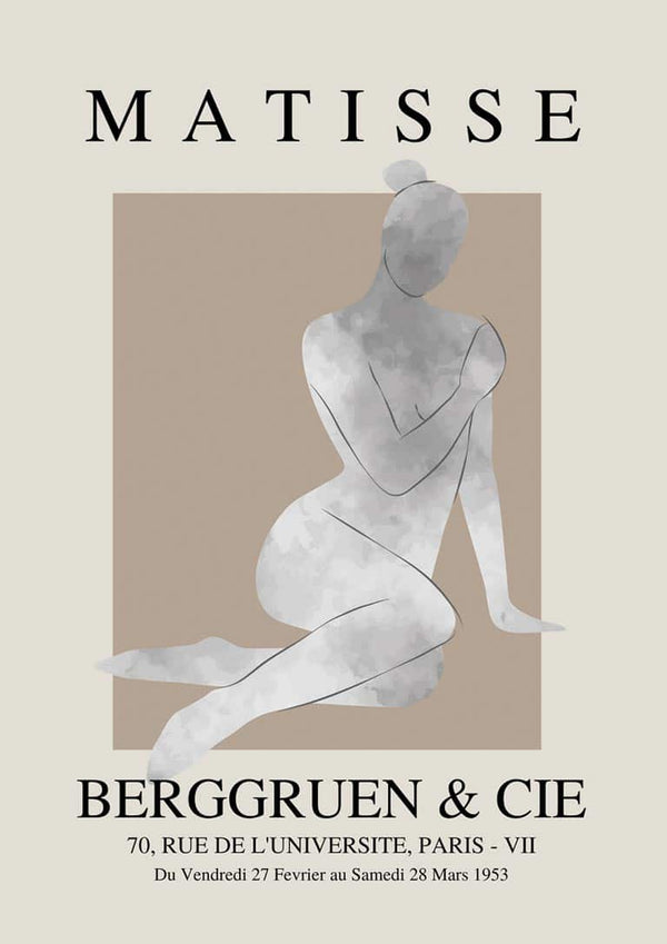 Minimalist cut-out artwork of a silver woman on beige background, featured as the Silver Woman Papier Decoupe Plakat.