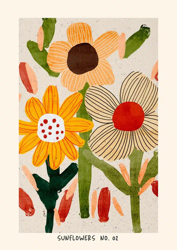 Illustration of three stylized sunflowers with colorful petals and stems, labeled "Sunflowers No. 02".