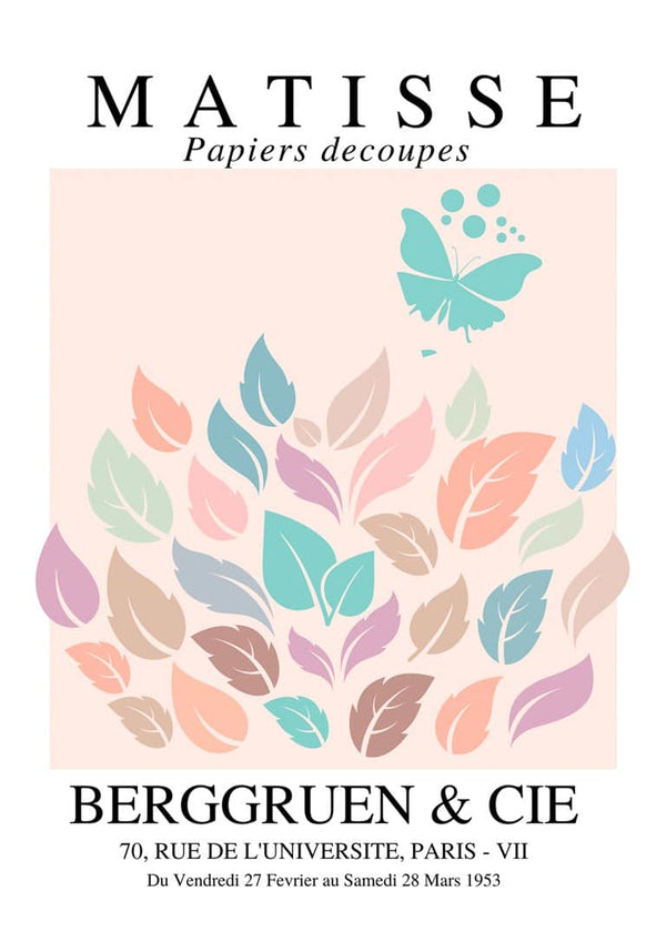 Pastel decoupe print inspired by Matisse, featuring abstract leaves and a butterfly on a white background.
