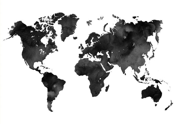 Black watercolor world map poster with continents displayed on a white background.