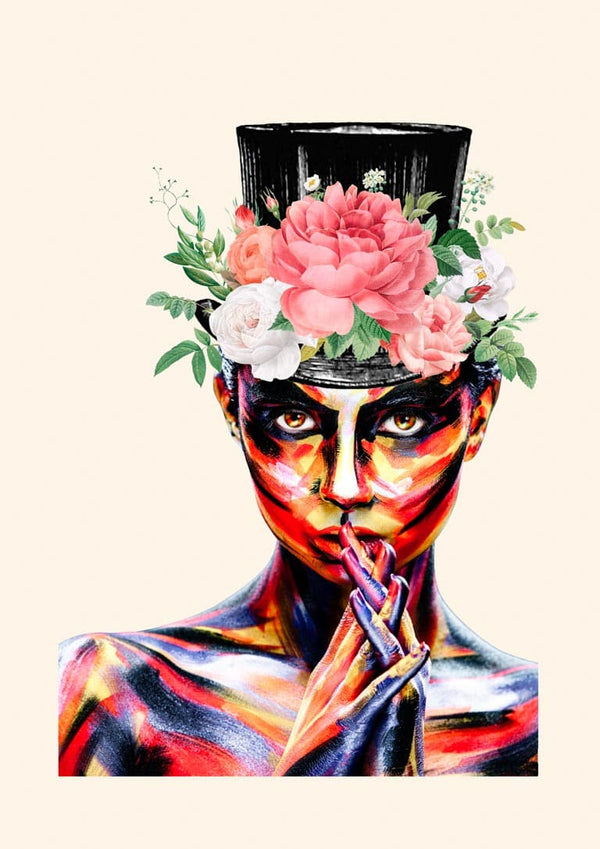 Colorful abstract portrait of a person wearing a floral hat, featured on the Sophisticated in color Plakat.