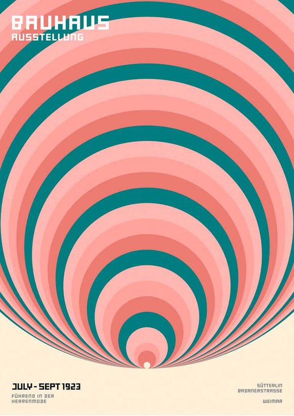 Poster with concentric pink, teal, and cream circles; titled "Bauhaus Ausstellung" for Bauhaus Big Circles Plakat.