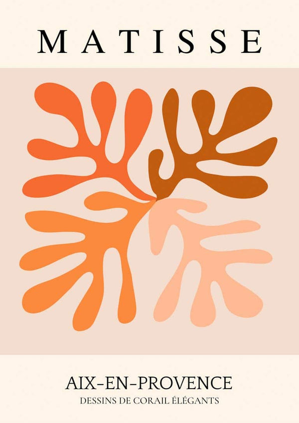 Abstract orange floral shapes inspired by Matisse on a beige background with text reading "Aix-en-Provence."