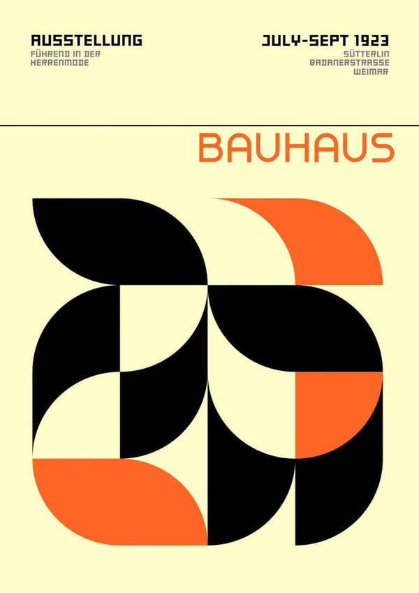Bauhaus Orange Weimar Ausstellung Plakat with geometric shapes, black and orange on a cream background, 1923 exhibition.