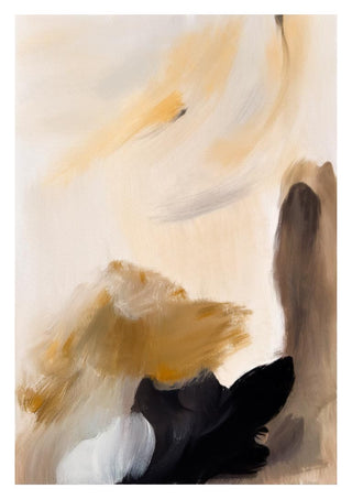 Abstract art print with broad beige, black, and brown brushstrokes on a white background.