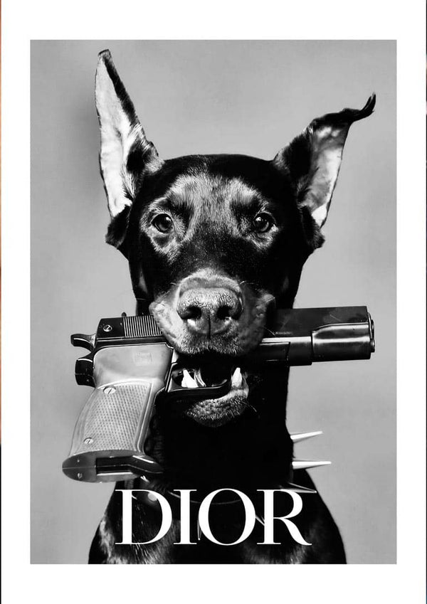 A black dog holding a pistol in its mouth with the word "DIOR" written below in bold letters.