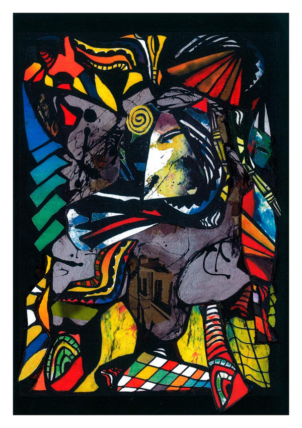 Abstract colored shapes and patterns on a black background, featured as Colored Collage Plakat wall art.