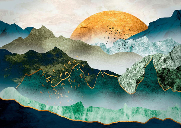 Abstract mountains with green, blue, and gold hues under a golden sun, titled "Mountain Sunset Plakat."