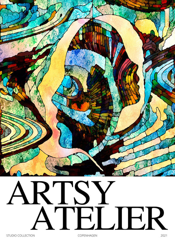 Abstract blue collage with swirling lines and shapes, artistic profile silhouette, "Artsy Atelier" text below.