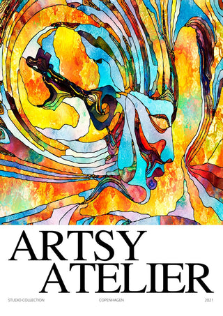 Abstract yellow collage art with swirling lines and vibrant colors above the text "ARTSY ATELIER" on a poster.