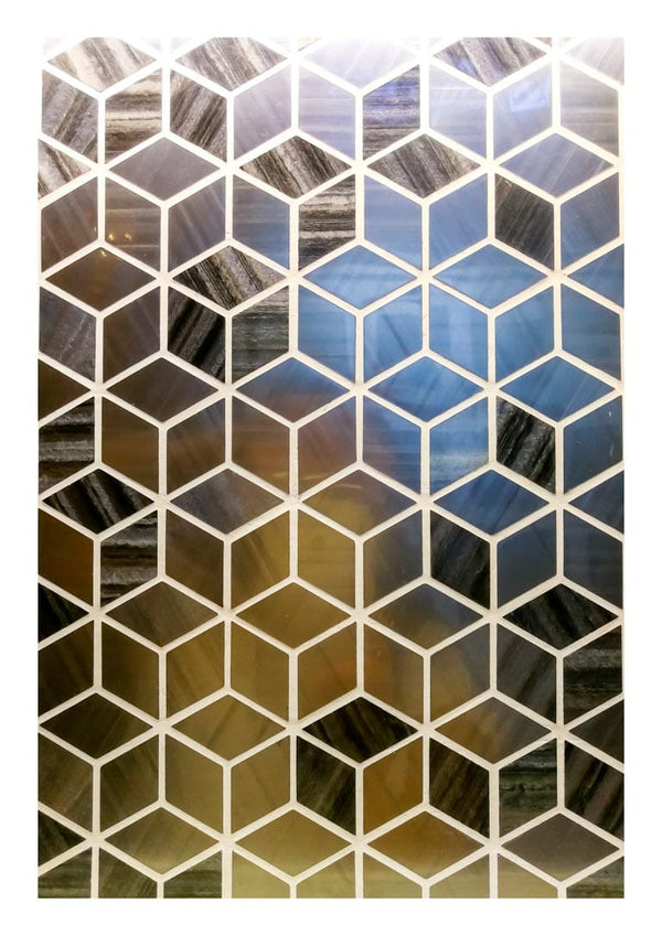 Geometric tile wall design with 3D cube pattern in shades of blue, black, and gold.