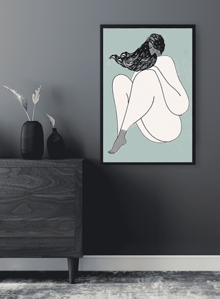 Minimalist illustration of a seated woman with long hair, displayed in a black frame on a modern interior wall.