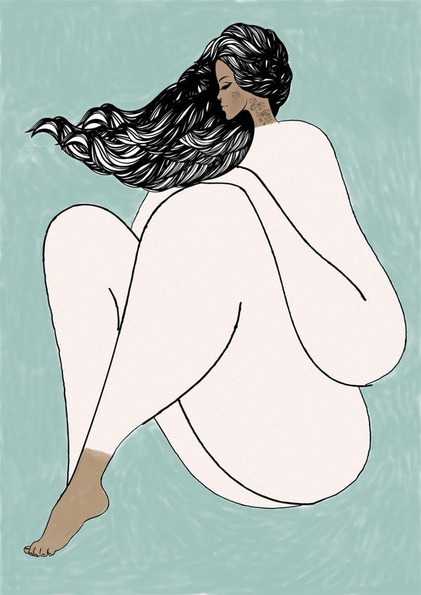 Illustration of a woman in white, sitting with long flowing hair, on a muted teal background.