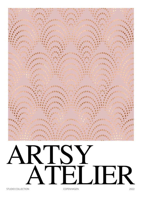 Studio Collection Blush Plakat featuring a blush pink abstract pattern with "ARTSY ATELIER" in bold black text.