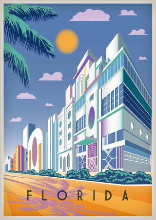 Colorful art deco buildings and palm trees under a sunny sky, with "Florida" written at the bottom.