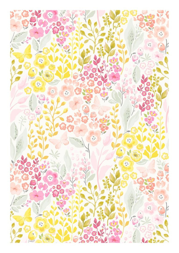 Poster with pink and yellow flowers, green leaves, and soft pastel accents in a botanical pattern.