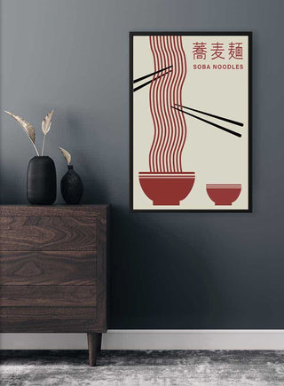 Framed Soba Noodles Plakat on wall, featuring stylized noodle bowls and chopsticks in minimalist design.