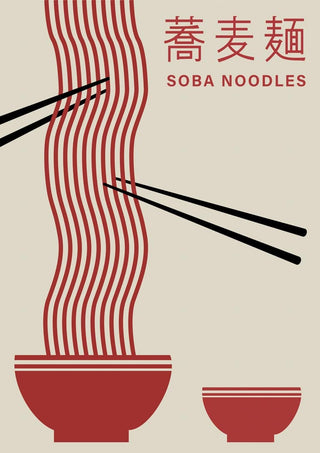Minimalist illustration of soba noodles being picked up with chopsticks, bowl and text "Soba Noodles" on product page.