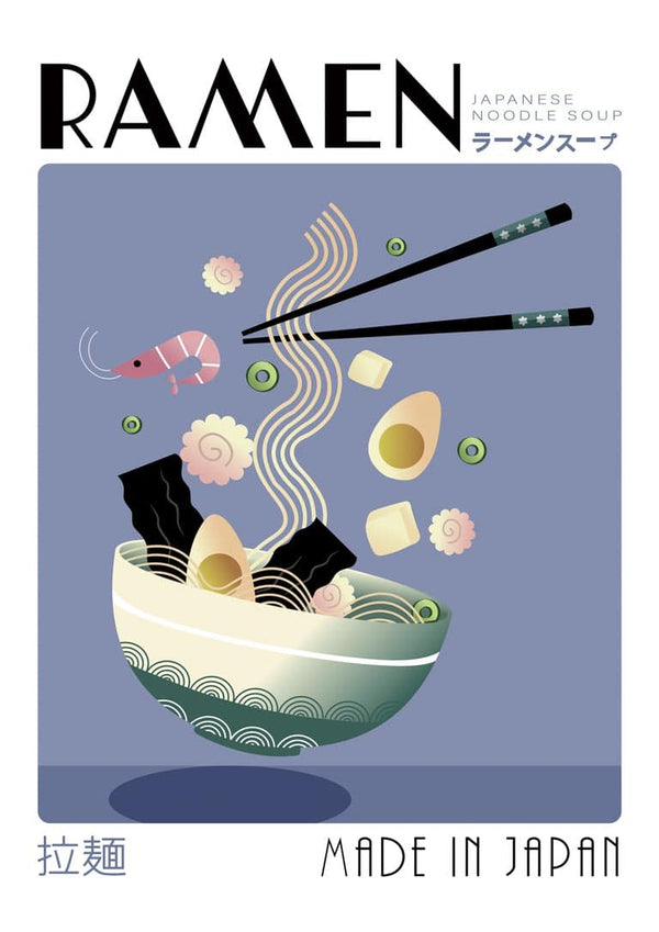 Illustration of a ramen bowl with noodles, chopsticks, shrimp, eggs, and toppings; text reads "RAMEN Made in Japan."