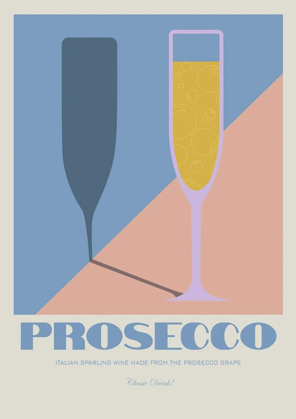Minimalist Prosecco poster with a filled champagne glass and its shadow, featuring the word "Prosecco" in bold.