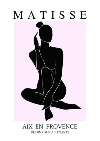 Minimalist pink and black art print of a seated woman inspired by Matisse, with text "Aix-en-Provence."
