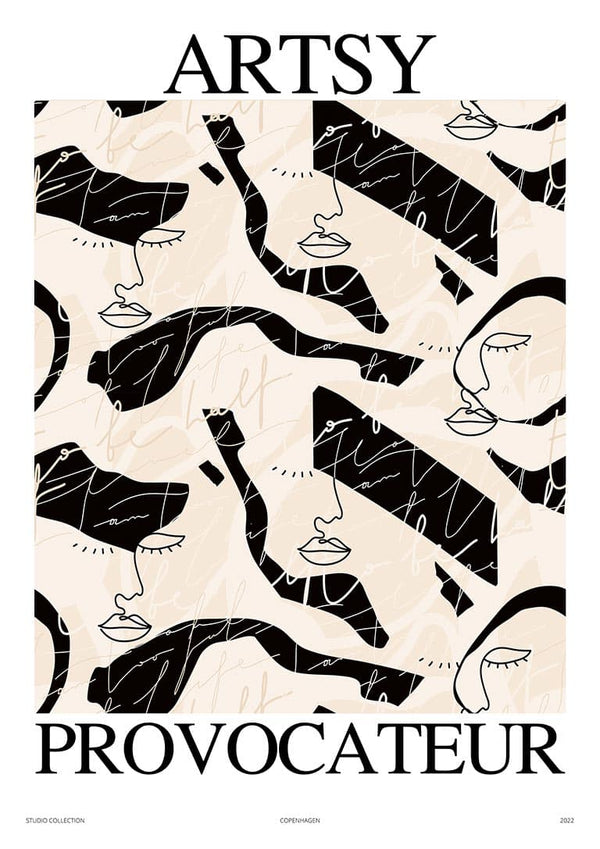 Abstract black and beige line art poster with faces and shapes, titled Artsy Provocateur No. 03 Plakat.