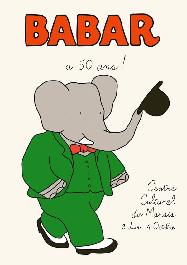 Illustration of Babar the elephant in a green suit, with "Babar" and event details for Babar Plakat No. 04 above him.