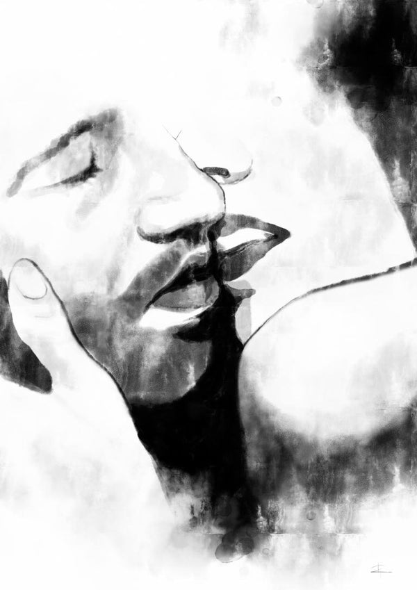 Black and white artwork of two faces close together, about to kiss. Featured on the Kiss Close Plakat product page.