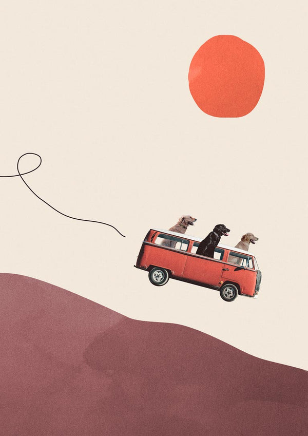 Three dogs ride in a red van driving over a hill with an abstract red sun in the sky.