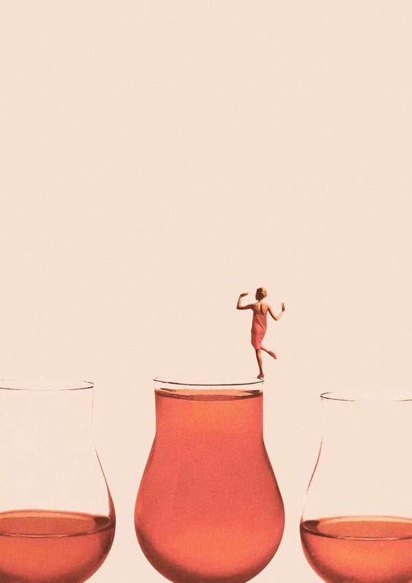 A woman in a red dress stands confidently atop a full glass of pink liquid, flanked by two half-full glasses.