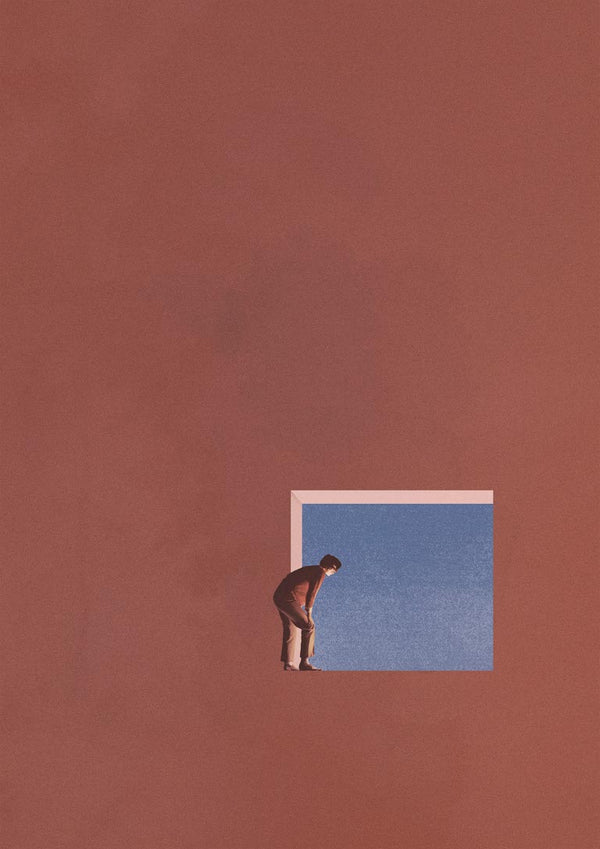 Surreal art print of a person peering into a blue window on a vast reddish background, by Maarten Léon.