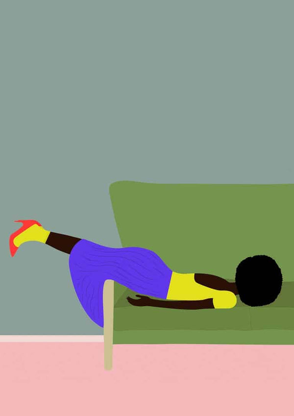 Illustration from Wendy's Mood by Jotadejai: person lying face down on a green couch, legs over armrest.