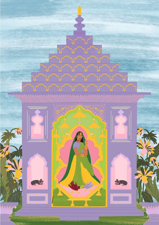 Illustration of a woman in traditional dress standing inside a purple ornate temple, surrounded by flowers and cats.