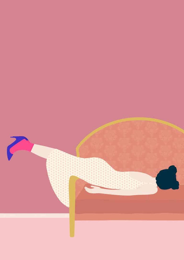 Illustration of a woman in a dress and heels lying face-down on a couch, featured for Maddies Mood - Jotadejai.