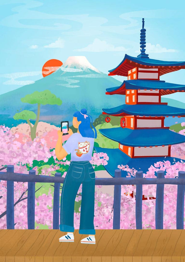 Colorful illustration of Mount Fuji, cherry blossoms, and a pagoda with a person taking a photo.