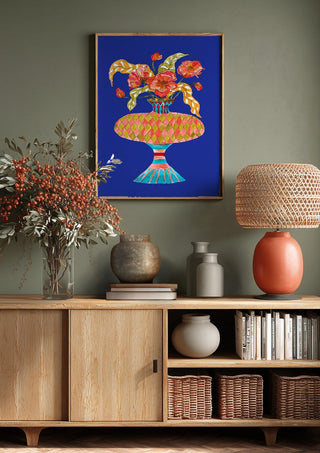 Queen dances by Marjorie Salvagni above a wooden sideboard on a sage green wall