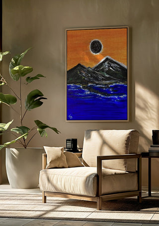 Overshadow by Fábio Diniz Art framed above a beige armchair beside a potted plant