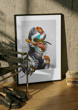 Spring landscape by Rocio Montoya in a black frame leaning against a concrete wall by a steel chair