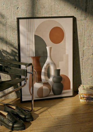 Bohemian Ceramic Vases – Terracotta & Geometric Harmony by TimlessArtworks in a black frame leaning against a concrete wall by a steel chair