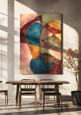 When Doves Cry by Art Guveau hanging above a wooden dining table in warm sunlight