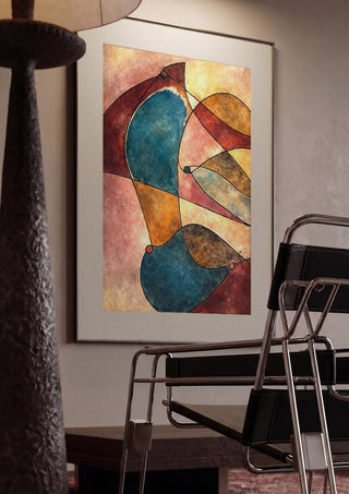 When Doves Cry by Art Guveau framed in a dim room beside a tubular steel chair