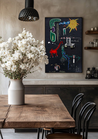 A Day In A Life by Art Guveau in a black frame above a rustic table with white flowers
