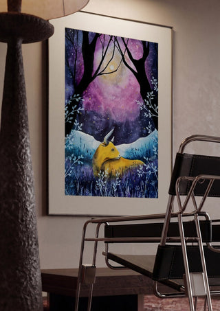 Where the Sky Breathes by Evgenia Smirnova framed in a dim room beside a tubular steel chair