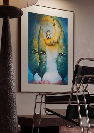 Whispering Trees by Evgenia Smirnova framed in a dim room beside a tubular steel chair