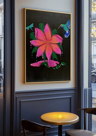 Flora e Fauna by KG Studio in an oak frame on a panelled café wall
