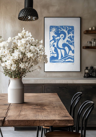 Schnitt durch den Hain · Cut Through the Grove by ELIZA Leopold in a black frame above a rustic table with white flowers