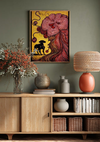 End Of Illusion by Tt2art above a wooden sideboard on a sage green wall